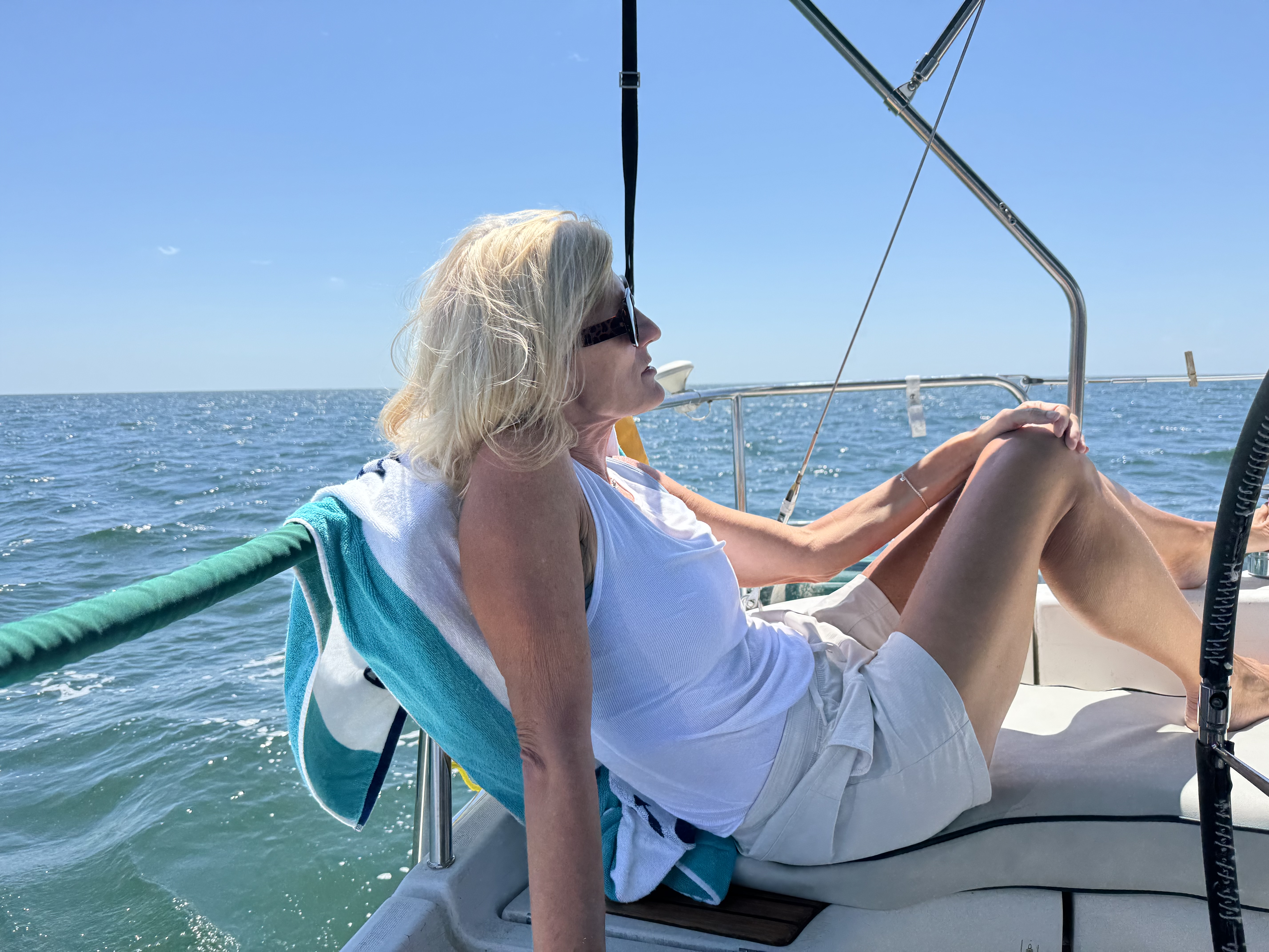 Jodi relaxing in the comfortable cockpit